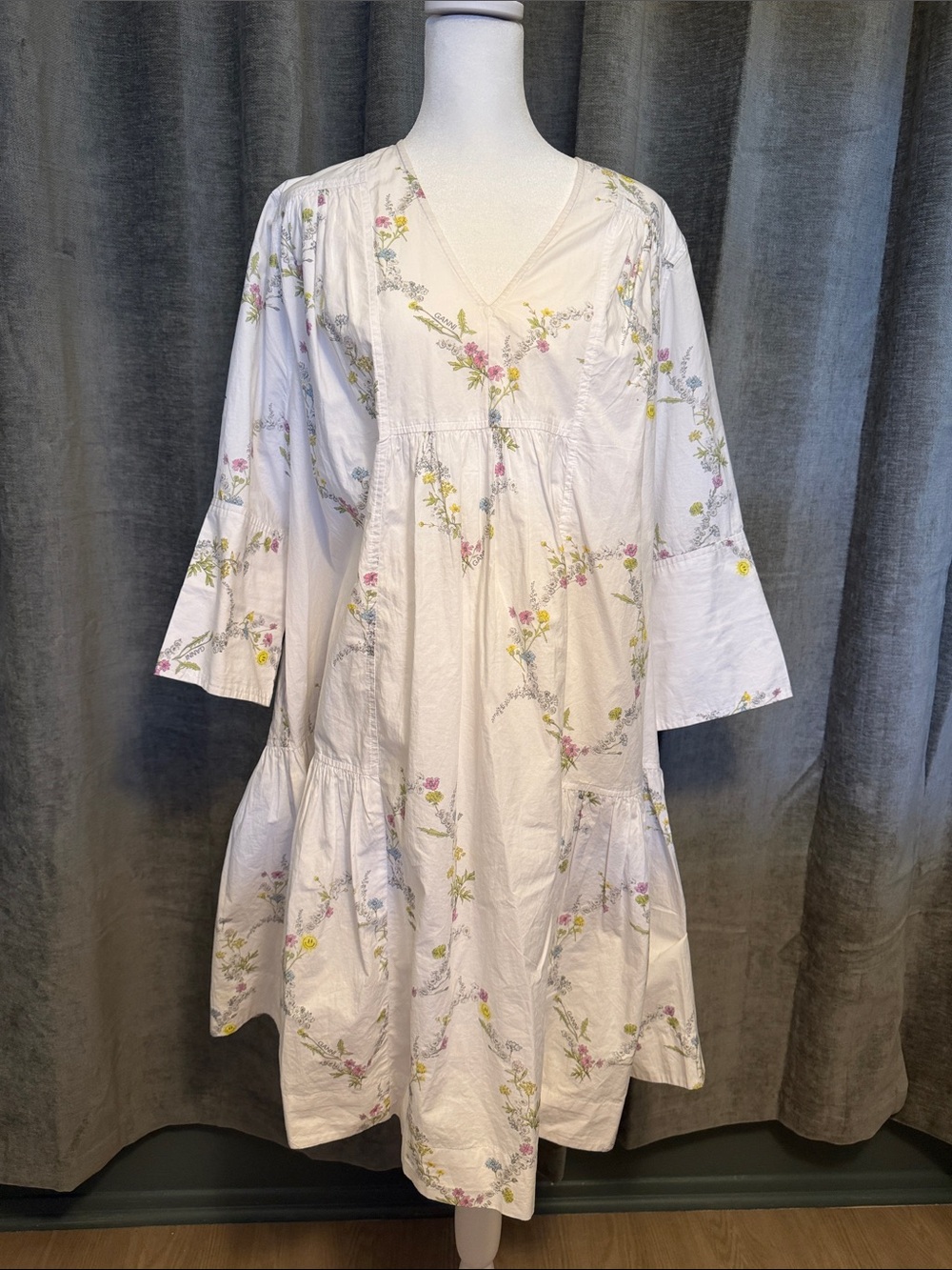Ganni White Floral Cotton Night Dress with Pink and Yellow Accents